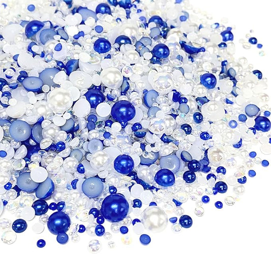 100g Mix Resin Rhinestones Flatback Half Round Pearls Mixed Size 3mm-10mm AB Color Half Pearls Resin Rhinestones for DIY Craft Nail Art Shoes Clothes Phone Case (Blue/White Series)