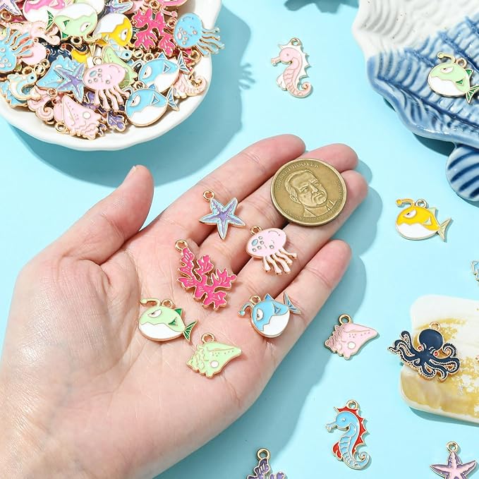 Stiesy 100 Pcs 20 Styles Sea Animal Enamel Metal Charm Pendant Starfish Shell Fish Sea Horse Ocean Animals Alloy Charms Bulk for Jewelry Making DIY Bracelet Earring Necklace Crafting