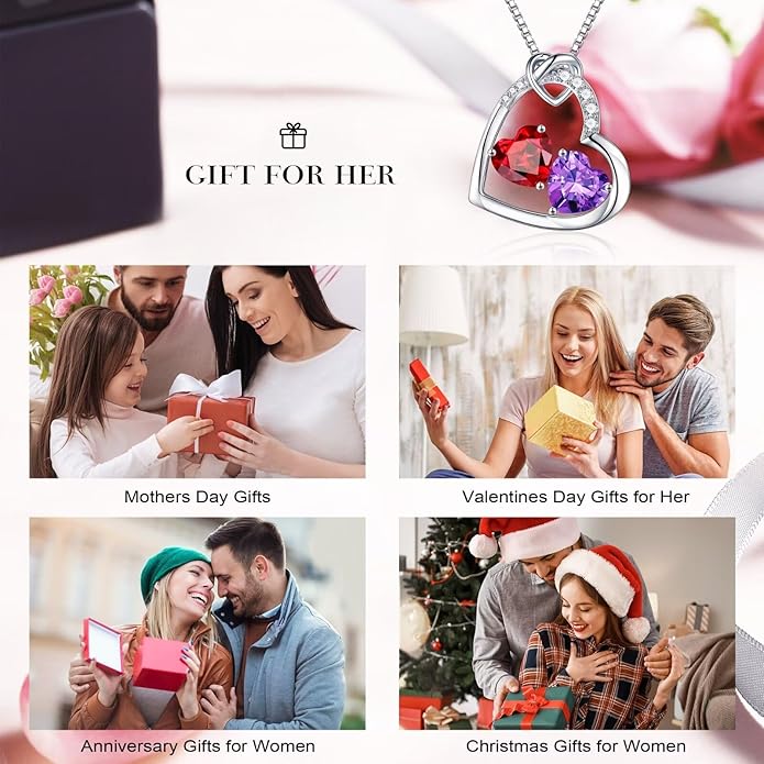 Iefil Valentines Day Gifts for Her - 925 Sterling Silver Heart Birthstone Necklace, Anniversary Birthday Gifts for Women Wife Girlfriend, Jewelry for Mom Daughter