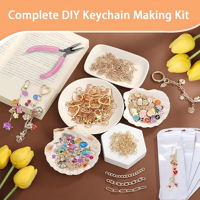 Thmxit 537PCS Charm Lip Gloss Keychain Making Kit with Charms, DIY Keychains Making Supplies Including 24 Keychain Clips, 25 Extender Chains, 198 Charms, Jewelry Plier Jewelry Making Kit for DIY
