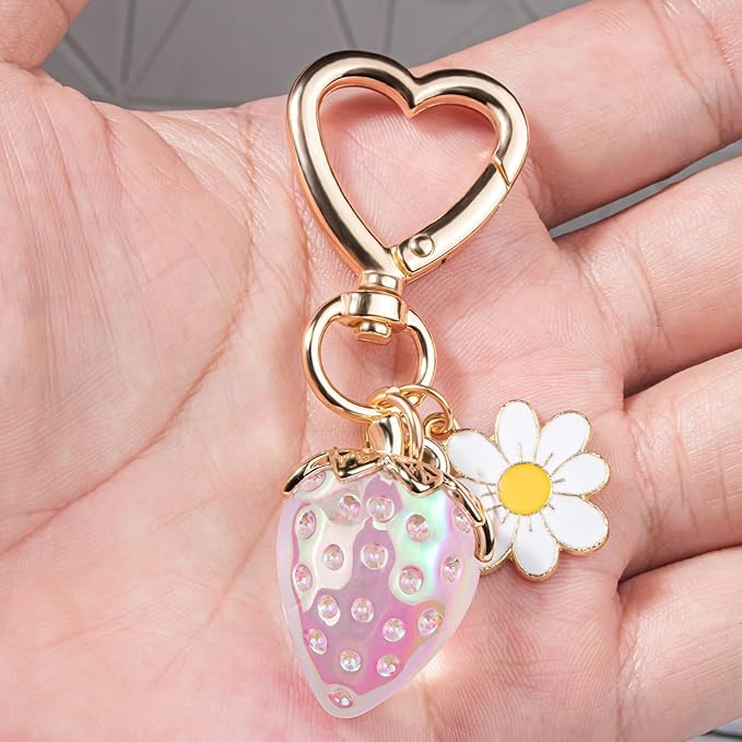 Wikavanli Cute Strawberry Keychain,Bag Charms,Kawaii Heart Flower Daisy Key chains Accessories Decor for Women Girls Purse