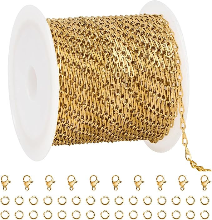 UMAOKANG 16.4 Feet Gold Plated Chain for Jewelry Making Stainless Steel Link Chain Bulk with Jump Rings Lobster Clasps