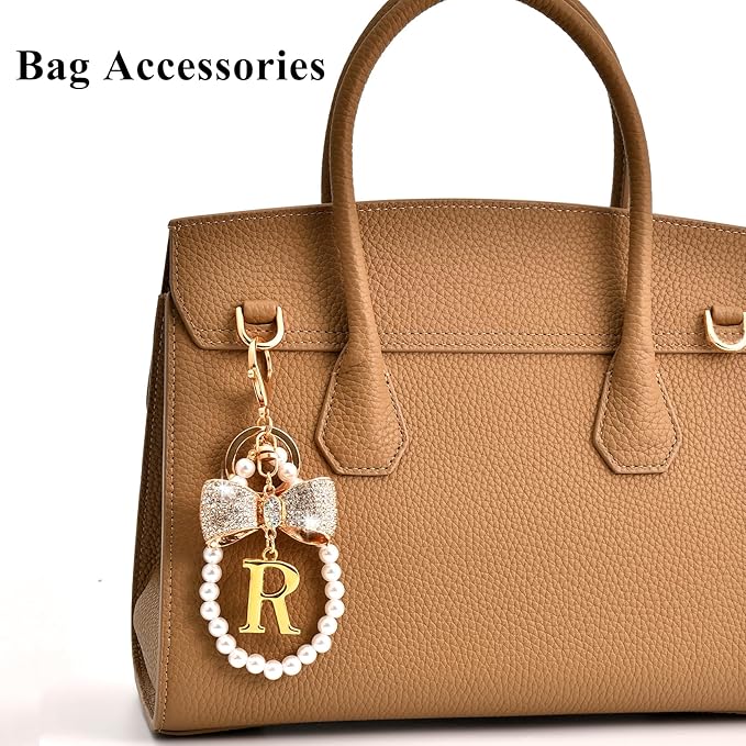 Gold Initial Keychain with Rhinestone Bow & Black Pom Pom, Cute Letter Bag Charm for Women Purse and Car Keys
