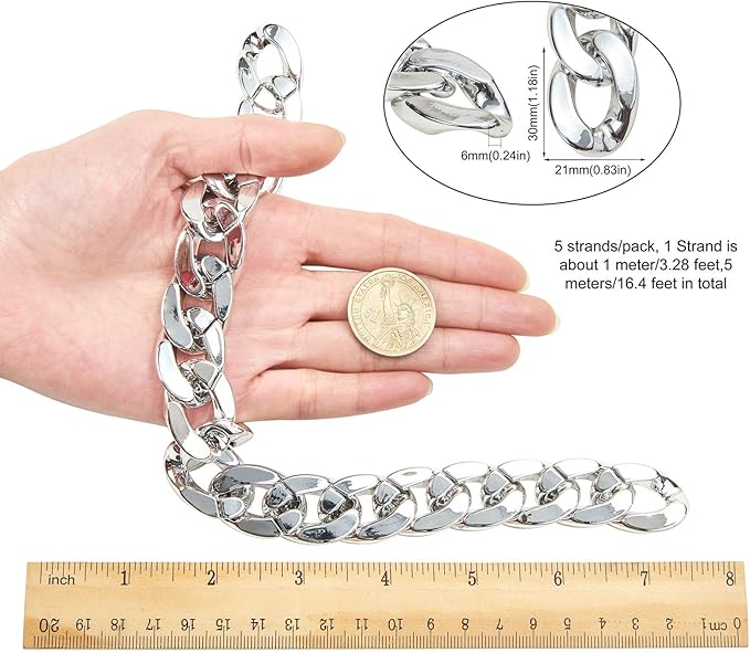 LiQunSweet 5m(16.4 Feet) CCB Plastic Curb Twist Linking Chains Platinum Metal Color Bulk Lot for Chunky Necklace Punk Rock Jewelry Making - 30x21mm