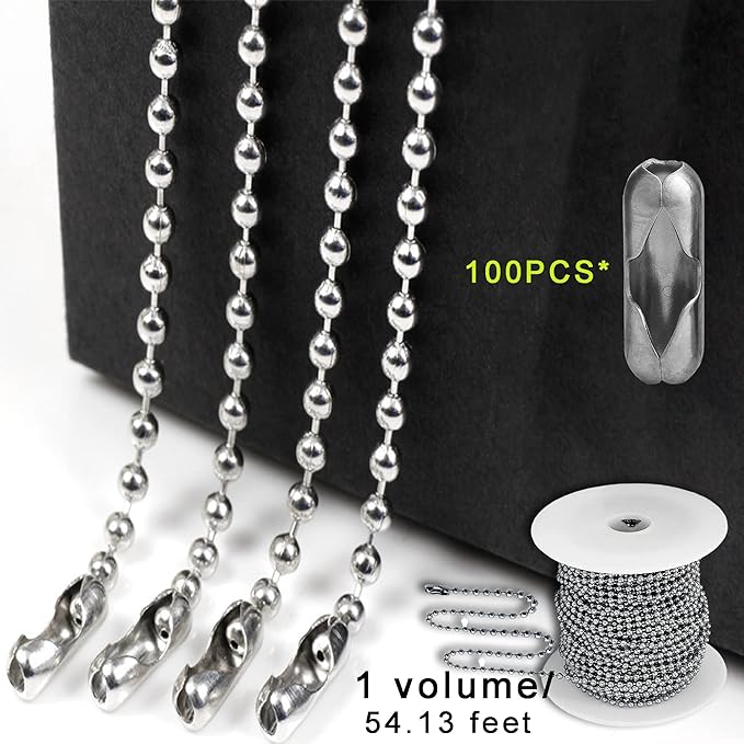 Stainless Steel Ball Bead Chain, 55ft with 100pcs Connectors & Clasps for DIY Crafts & Dog Tag Hanging, 3.0mm