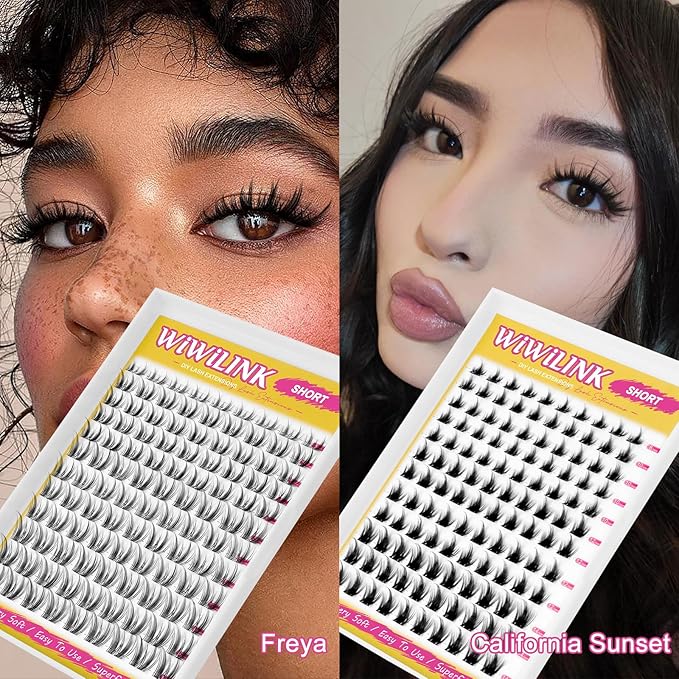 WiWiLINK Wispy Lash Clusters 8-14mm Spike Eyelash Clusters D Curl DIY Lash Extension with Spikes 0.03mm -Invisible Band Natural Individual Cluster Eyelashes, Freya Short
