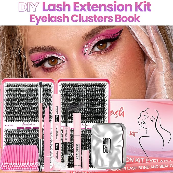 Qiveaory DIY Lash Extension Kit with 720pcs Lashes Clusters,1X/2X Magnification Compact Mirror with Light,Lash Bond and Seal,Eyelash Remover Tweezers Applicator Mascara Brush(10-18mm,30-60D Curl)