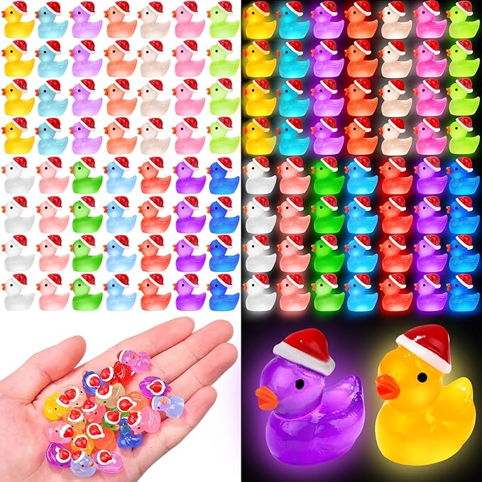 120Pcs Luminous Christmas Mini Resin Duck 14 Colors Glow in The Dark Small Duck Figurines for Miniature Christmas Decor Aquarium Ornament Dollhouse Decoration DIY Slime Craft Kit Birthday Party Favors