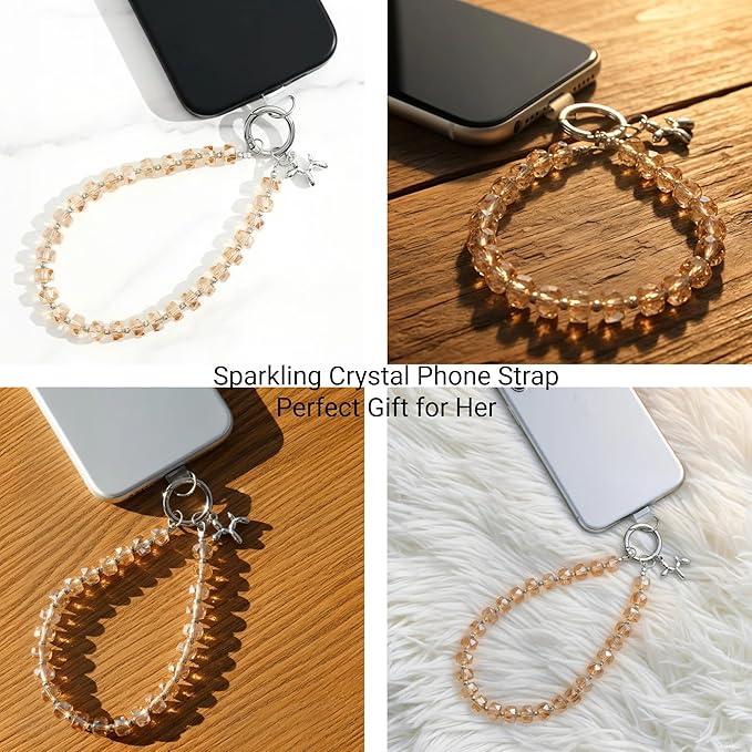 Crystal Phone Wrist Strap Phone Charm Chain Keychain Beaded Cellphone Lanyard with Tether Tab Hands-Free Wristlet Bracelet Wrist Grip Strap for Women, W-Amber