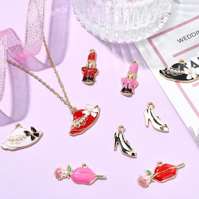 Stiesy 45 Pcs Lady Theme Alloy Enamel Charms Lip Hat High-heeled Shoes Lipstick Shape Dangle Charms Pendant for DIY Jewelry Making Necklace Bracelet keychain Crafts