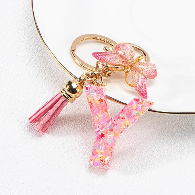 Initial letter Keychains for Women Girls Tassel Butterfly Cute Keychain for Wallet Backpack charm