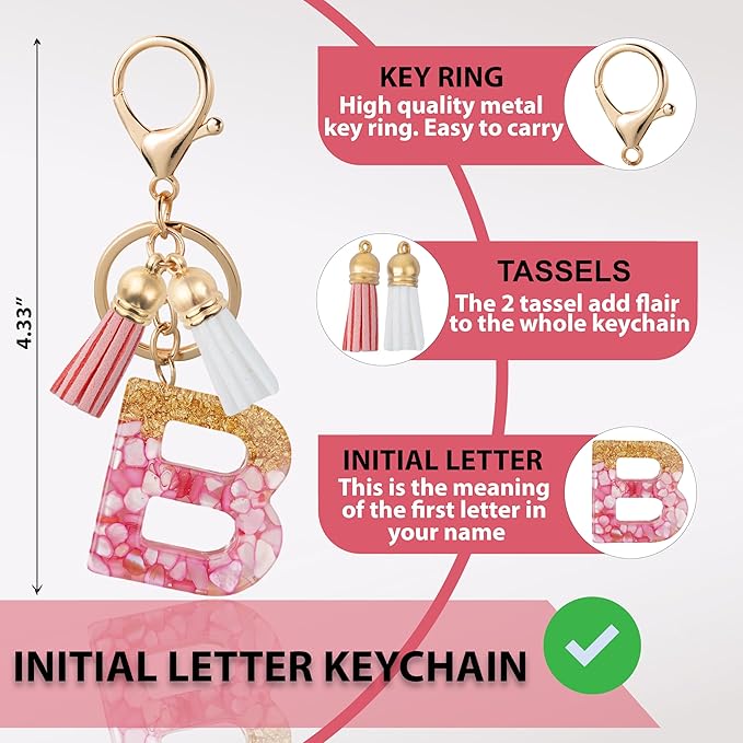 Initial Letter Keychain Cute Resin with 2 PU Tassel, Letter Keychain for Backpack Charms, Initial Keychains for Women