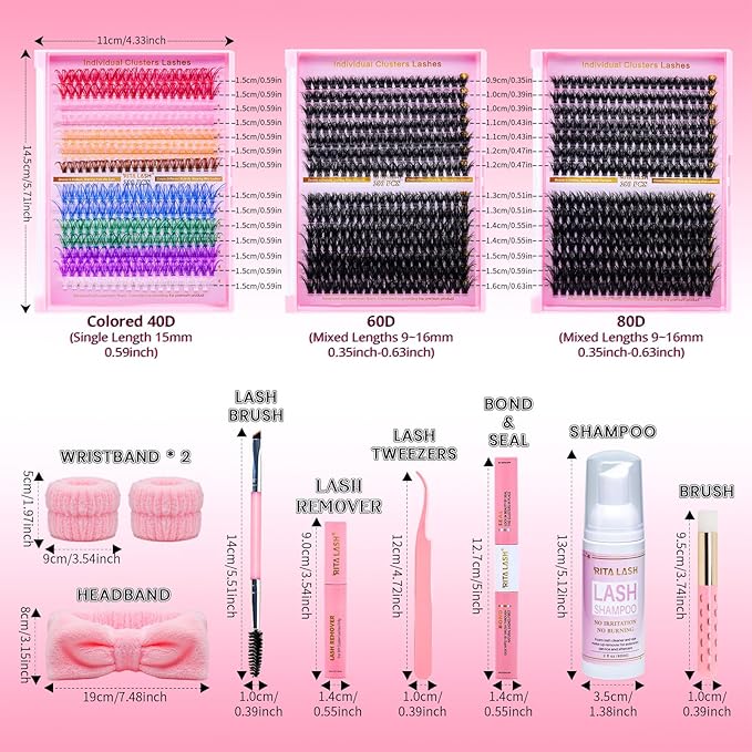 Lash Clusters Kit DIY Lash Extension Kit 3 Boxes Cluster Lashes 840Pcs Cluster Eyelash Extensions Wispy Eyelash Clusters with Lash Bond&Seal,Gift Packs for Beginners Bulk Pack(12 Counts Lash Kit-3)