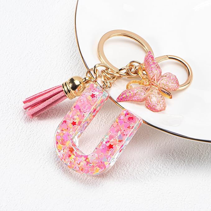 Initial letter Keychains for Women Girls Tassel Butterfly Cute Keychain for Wallet Backpack charm