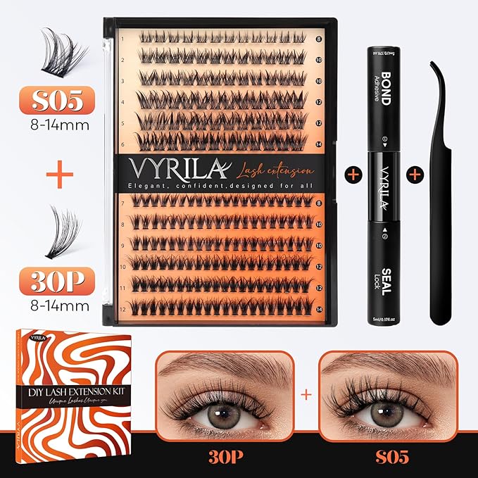 Lash Clusters Kit-VYRILA 0.07mm Wispy 8-14mix C Curl Eyelash Clusters with Lash Bond and Seal Waterproof, Eyelash Tweezers (30P+S05 KIT 192pcs-8-14mix)