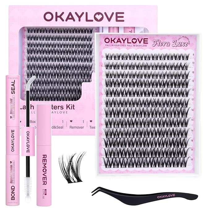 OKAYLOVE Natural Lash Clusters, Flora Luxe 8-18mm DIY Wispy Cluster Eyelash Extensions Kit, 132pcs CC Curl Black Cotton Band Individual Lashes with Lashes Bond and Seal, Remover, Lash Tweezers
