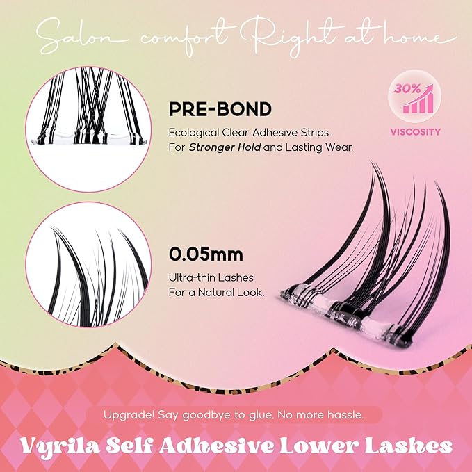 VYRILA Self Adhesive Bottom Lashes, Pre Glued No Glue Lower Lash Clusters, Ultra Thin Invisible Band, Natural Wispy Under Lash Extensions, Easy Apply for Beginners(PG-ZE93-6-7mm)