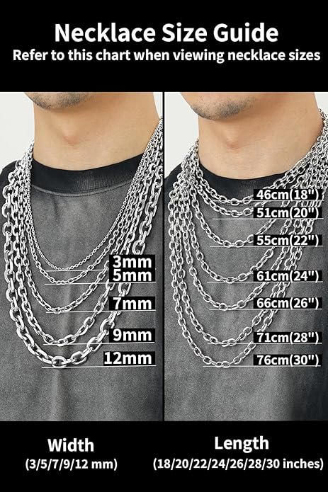 ChainsHouse Stainless Steel Cable Chain Necklaces for Men Women, 3mm/5mm/7mm/9mm/12mm 18K Gold/Black Plated Mens Cable Link Chains, 18"-30" Length - Send Gift Box