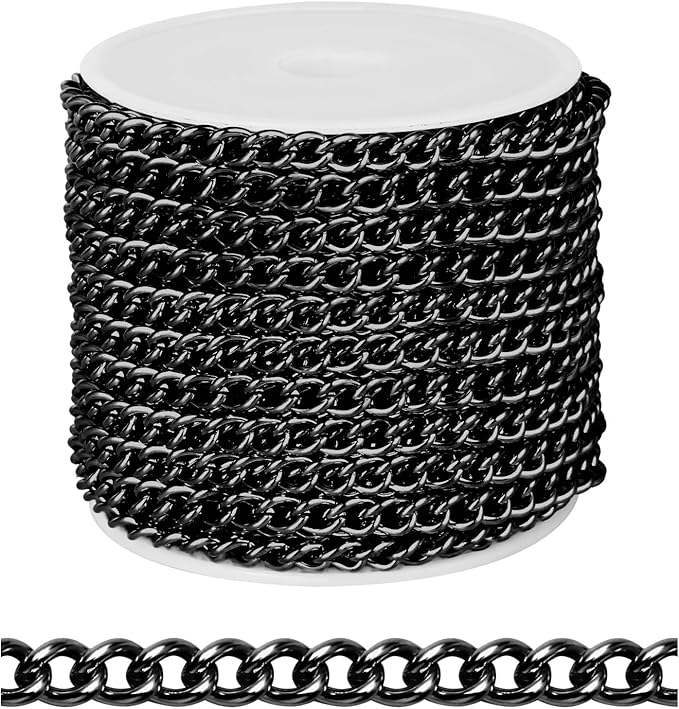 [33 FT] Black Curb Chains Bulk for Jewelry Making, 5mm 304 Stainless Steel Gunmetal Black Flat Twisted Links Curb Chains Roll Spool for Jewelry Making DIY Craft