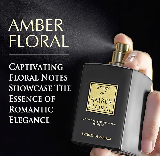 The Story of Amber Floral by Prince Parfums Dubai - 3.4 Ounces Women's Extrait de Parfum - Enchanting Essence of White Florals, Jasmine, & Bulgarian Rose - Luxurious Vanilla & Sandalwood Symphony