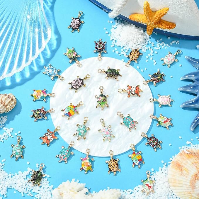 Stiesy 30 Pcs 15 Styles Alloy Enamel Tortoise Charms Pendants Colorful Sea Animal Turtle Dangle Charms Pendant for DIY Jewelry Making Necklace Bracelet Earring keychain Crafts