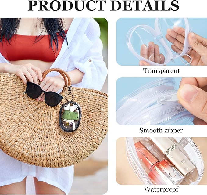 2pcs Clear Keychain Pouch, Portable Mini Zipper Case Makeup Bags with Hook, Small Waterproof PVC Figure Display Pouch Travel Cosmetic Case for Organizing Keys Lipstick- Black & White