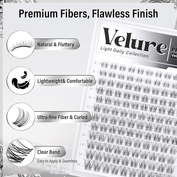 PHKERATA Velure Lash Clusters Natural Cluster Eyelash Extensions Wispy Individual Lashes Clusters DIY Ultra-Light Lash Extensions Soft C Curly Eye Lashes with Invisible Thin Band, 8-16mm, 120Pcs