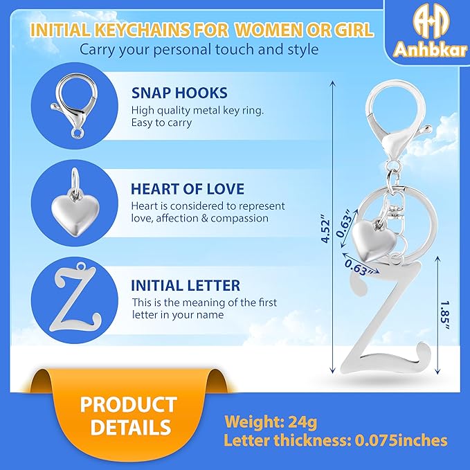 A-Z Heart Initial Letter Keychain, Stainless Steel Alphabet Charm for Handbags, Gift for Women and Girls