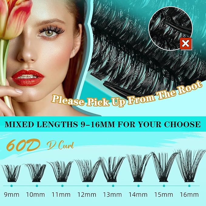Lash Clusters Kit 240PCS Eyelash Extension Kit D Curl Wispy Clusters Lash DIY Lashes Extensions Kit Natural Individual Lashes Kit with Lash Bond and Seal Eyelash Tweezer(60D,D-Mix9-16mm)