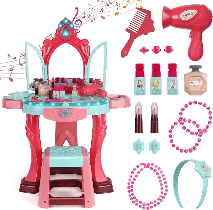 Kids Vanity Set with Mirror, Lights & Music – Princess Makeup Vanity Table & Stool with Hair Dryer & Accessories, Pretend Play Beauty Salon Toy for Girls Ages 3–6 Birthday Gift (Blue)
