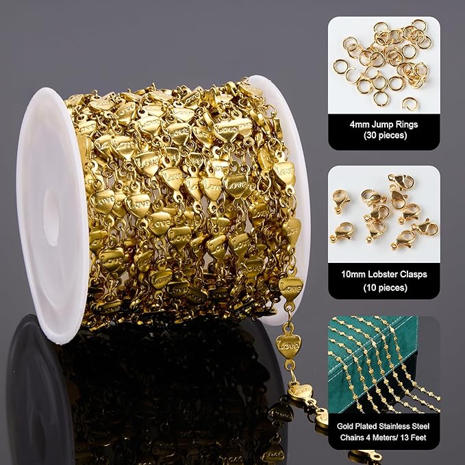 UMAOKANG 4 Meters Gold Plated Stainless Steel Chains Bulk Heart Chain for Jewelry Making Women Necklace Bracelet DIY Supplies Findings