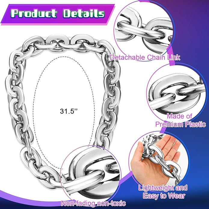 Remuuly Plastic Chain Necklace Chunky Big Fake Necklace Hip Hop Rapper Giant Turnover Chain Costume for Halloween