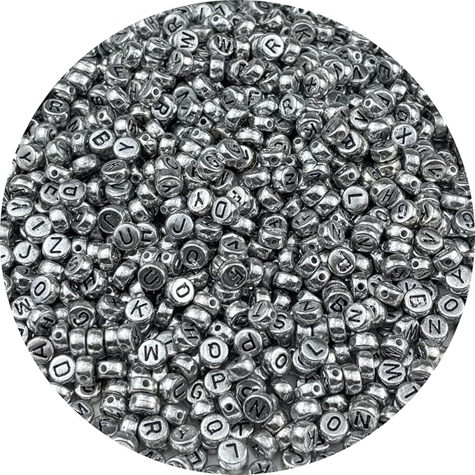 1000pcs Round Letter Beads 4x7mm Acrylic Alphabet Beads Spacer Beads for Jewelry Making Bracelets Necklace Earring Key Chains DIY Craft(N-Black Letter Antique Silver Bead)
