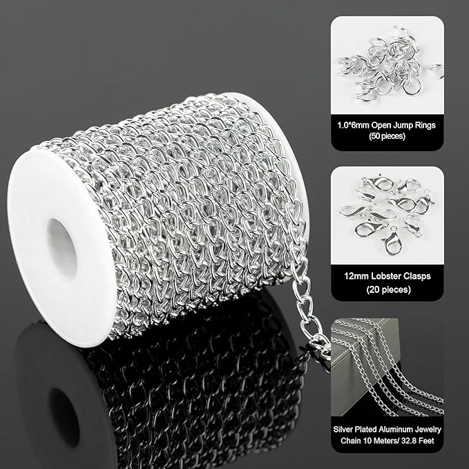 33ft/10m Cable Link Chain for Jewelry Making Light Silver Plated Aluminum Jewelry Chains Bulk with Jump Rings and Lobster Clasps