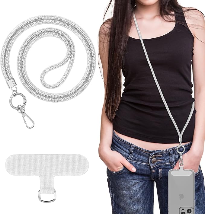 MoKo Universal Phone Lanyard, Metal Cell Phone Chain Crossbody Strap Anti-Theft Detachable Women Cellphone Lanyards Around The Neck with Patches for iPhone, Most Smartphones - Bright Silver