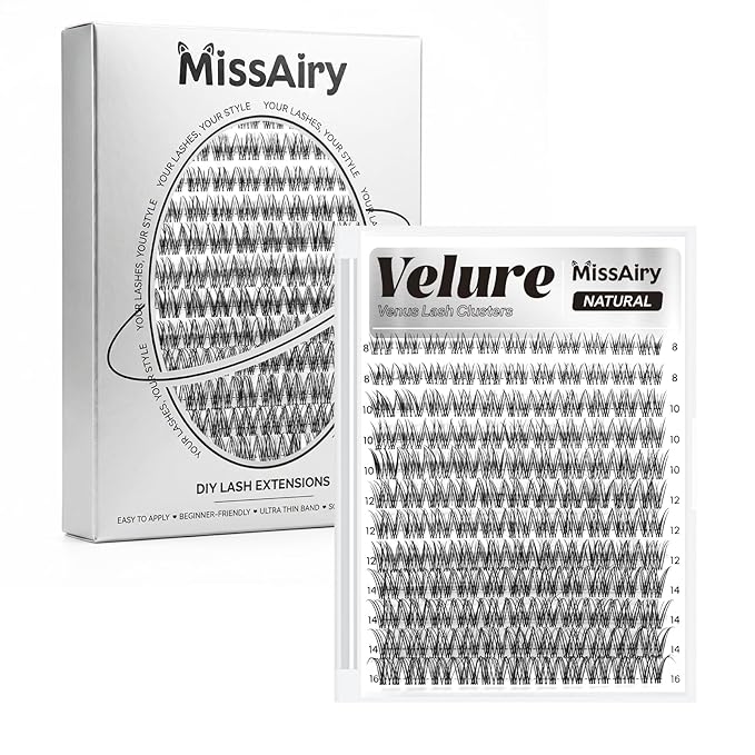 Velure Lash Clusters Eyelash Extensions Natural Lashes Individual Lash Clusters 8-16MM Eyelash Clusters Natural with Invisible Band Venus D Curly Individual Lashes by MissAiry(Velure 8-16MM)