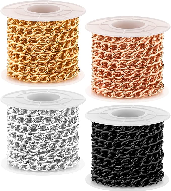 Jadive 4 Rolls 39.4 Feet Aluminium Necklace Chains 6.5 mm Twisted Links Spool Chain Jewelry Making Chains for Bracelet Necklace Jewelry Making(Rose Gold, Black, Silver, Gold)
