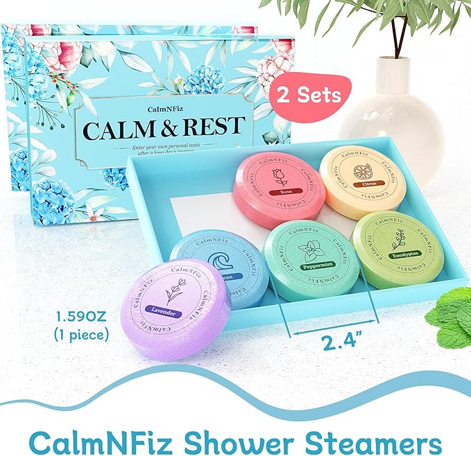 CalmNFiz 12 Pack Shower Steamers Aromatherapy, Stocking Stuffers for Women Men, Birthday Gifts for Her, Christmas White Elephant Gifts for Mom Adults Teen, Relaxation Self Care Natural Essential Oil