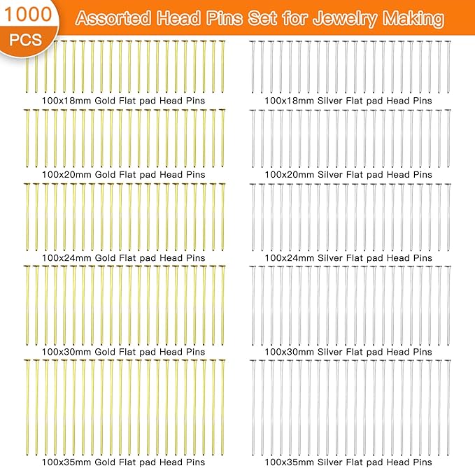 1000pcs Assorted Head Pins Set for Jewelry Making,Flat Head Pins Beading Pins Jewelry Head Pins Kit Head Pins Eye Pins Supplies for Earrings Beading DIY Crafts,18/20/24/30/35mm(Silver,Gold)