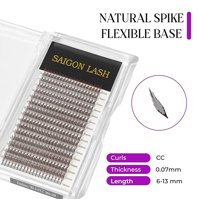 SAIGON LASH Feather Effect Promade Fans – 9D Wispy Volume Lashes, CC Curl 0.07, Mixed Length 6–13mm, Loose Handmade Extensions for Lash Artists (Dark brown-CC-0.07-6 - 13mm)