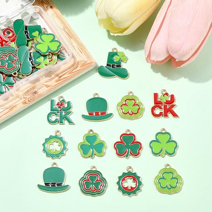 Stiesy 30 Pcs Mixed Styles St. Patrick's Day Theme Charms Pendants Enamel Luck Clover Leaf Green Hat Charms for Jewelry Crafts Necklace Bracelets Earring Making DIY Party Presents