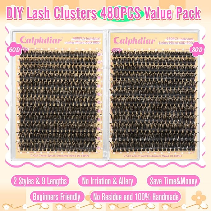calphdiar Lashes Clusters 60D+80D Thick Eyelash Clusters 480PCS Wispy Lash Clusters Eyelash Extensions Fluff D-curly Individual Lashes 10-18mm DIY Volume Lash Extension at Home