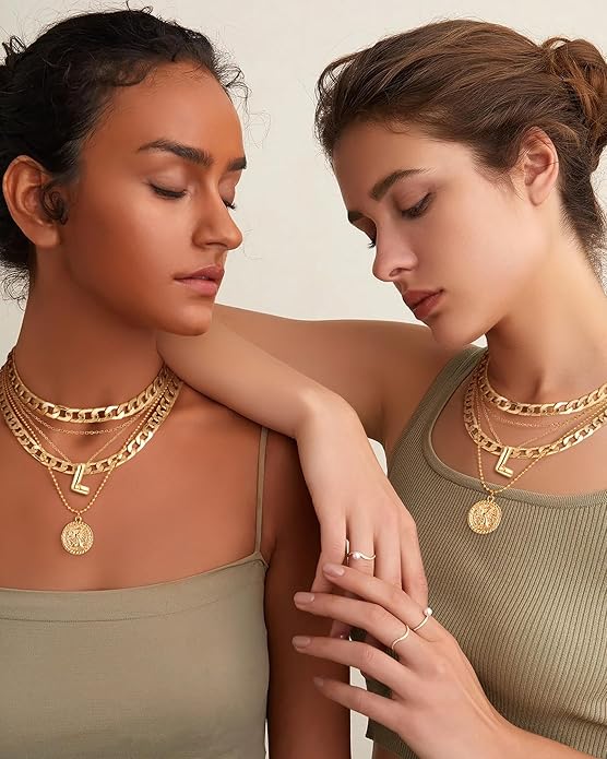 MJartoria Layered Necklaces for Women Trendy Balloon Initial Coin Pendant Necklace Dainty Chunky Chain Choker Necklaces Jewelry Birthday Gifts