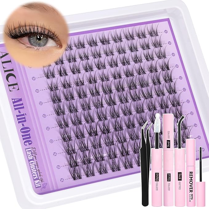 ALICE Natural Lash Extensions Kit Invisible Band Lash Clusters Kit Wispy10-14mm Eyelash Extensions C-Curly Individual Cluster Lashes Kit with Lash Remover DIY at Home
