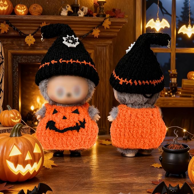 Knit Clothes for Labubu Dolls – 2-Piece Outfit Set (Knitted Hat & Dress), Fits 17cm Dolls, Soft and Stylish Doll Clothes Accessories (No Doll)
