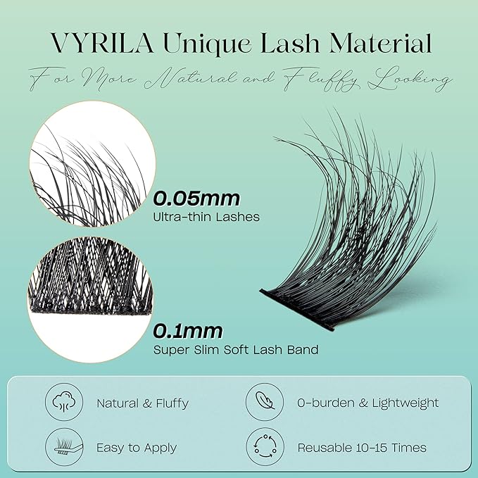 VYRILA Lash Clusters 0.05mm Individual Lashes, 3D Wispy Lashes Clusters, 0.1mm Super Thin Band Resuable Natural Lashes,D Curl Faux Mink Lashes,180pcs Lash Extension (Green Lushy-C-0.05-8-16mix)