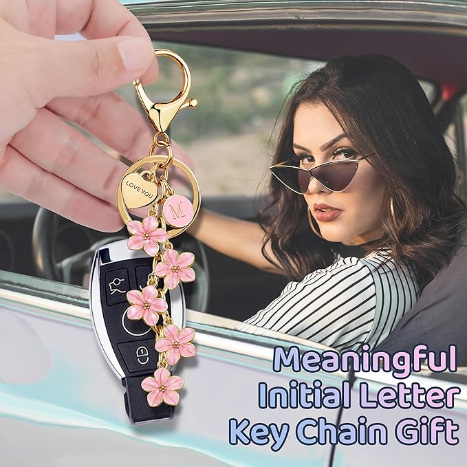 Suweibuke Cute Initial Letter Keychain with Love You Heart, Enamel Flower Charm for Key Handbag Backpack - Women Girls Gifts