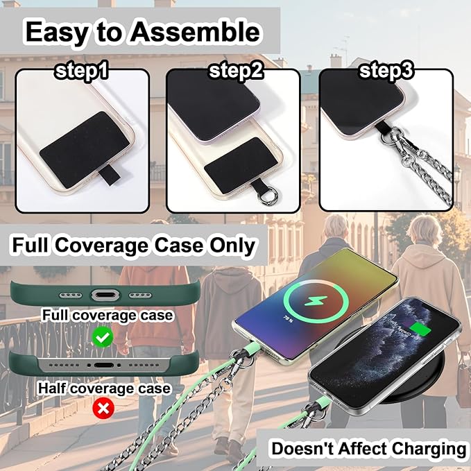 XANGNIER Clip and Go Strap for Phone with Wallet Crossbody, Phone Strap with Zippered Wallet, Adjustable Anti Theft Cellphone Lanyard for Women, Cellphone Chain Accessories,Chain Black