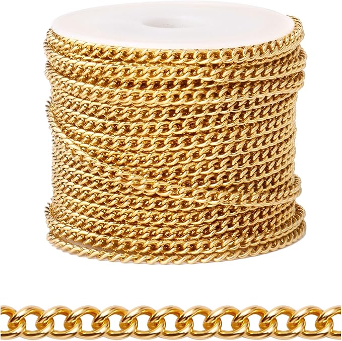 [33 FT] 18K Gold PVD Plated Curb Chains Bulk for Jewelry Making, 3mm 304 Stainless Steel Flat Twisted Links Curb Chains Roll Spool for Jewelry Making DIY Craft