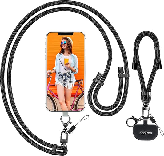 Kaptron 2Pcs Cell Phone Lanyard: Universal Adjustable Crossbody Phone Strap and Wrist Strap, with 2 Lobster Clips and 2 Tether Patches, Compatible with Most iPhone and Android Smartphones (Black)